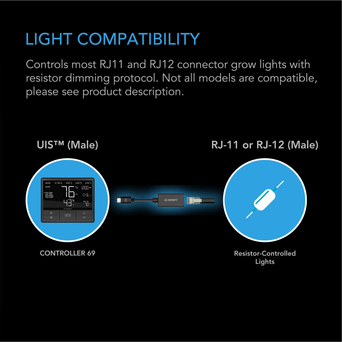 AC INFINITY UIS LIGHTING ADAPTER TYPE-B, FOR RJ11/12 CONNECTOR LIGHTS WITH RESISTOR DIMMERS