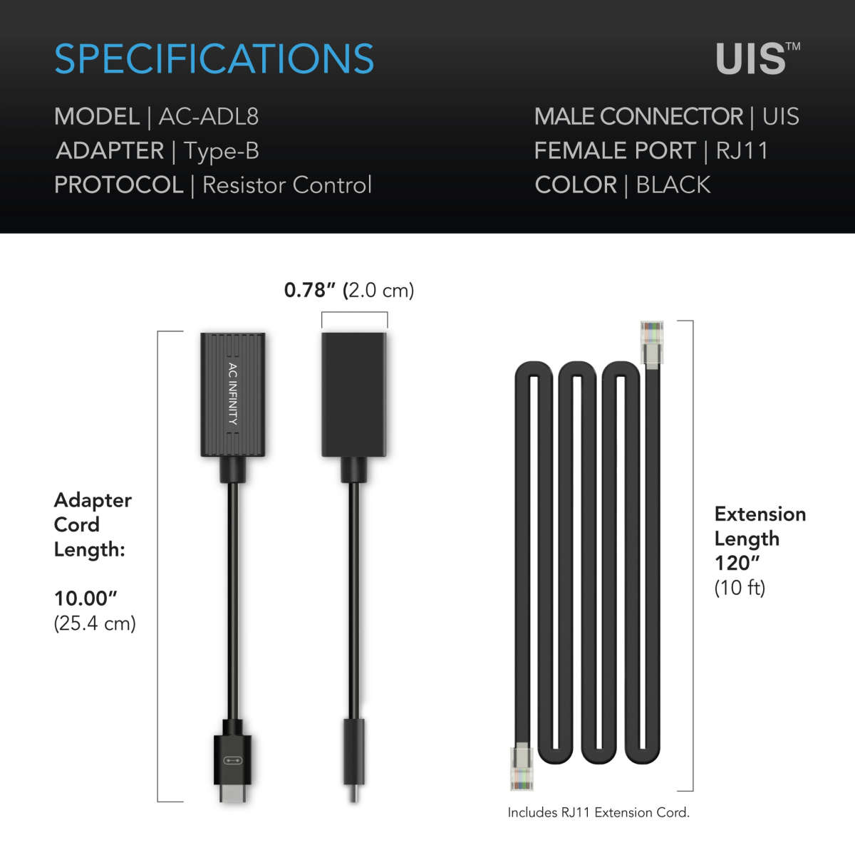 AC INFINITY UIS LIGHTING ADAPTER TYPE-B, FOR RJ11/12 CONNECTOR LIGHTS WITH RESISTOR DIMMERS