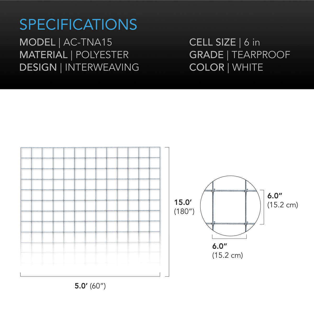 AC INFINITY POLYESTER PLANT TRELLIS NETTING, 5X15'