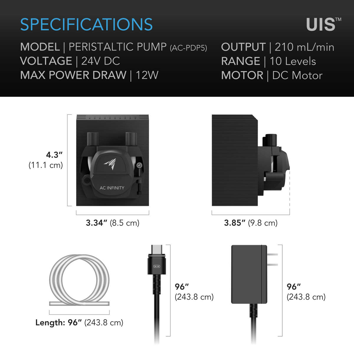 AC INFINITY Peristaltic Pump, Two-Outlet Dosing Kit for Hydroponics, 10-Level Control, 210 ml/min