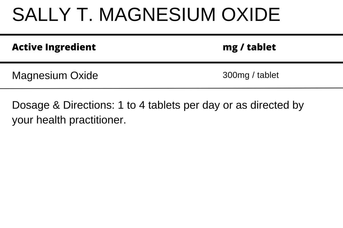 Sally T. Magnesium Oxide 300mg/tablets, 100 Tablets. Bowel Cleansing
