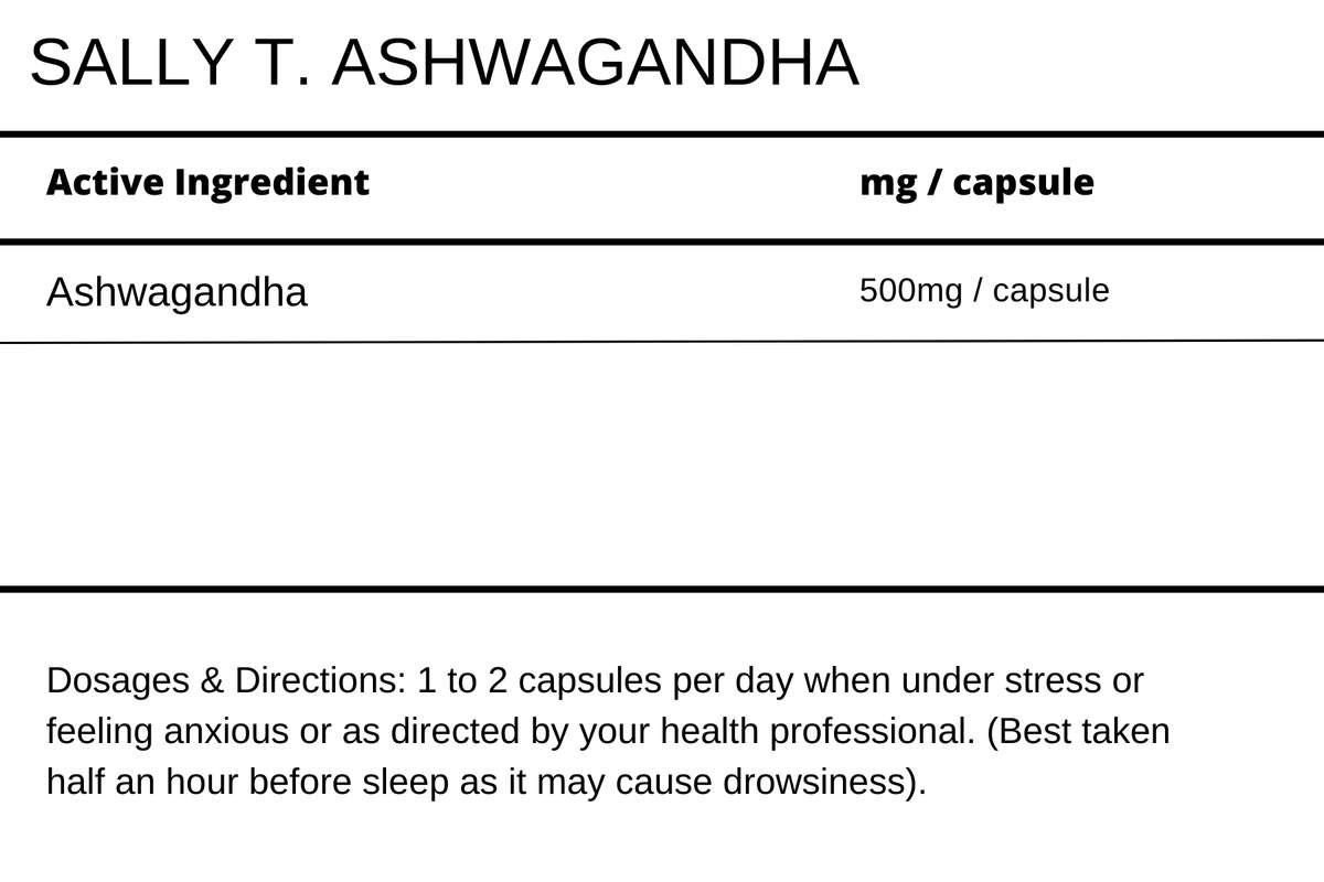 Sally T. Ashwagandha 500mg/capsule, 60 Capsules. Sleep and stress.