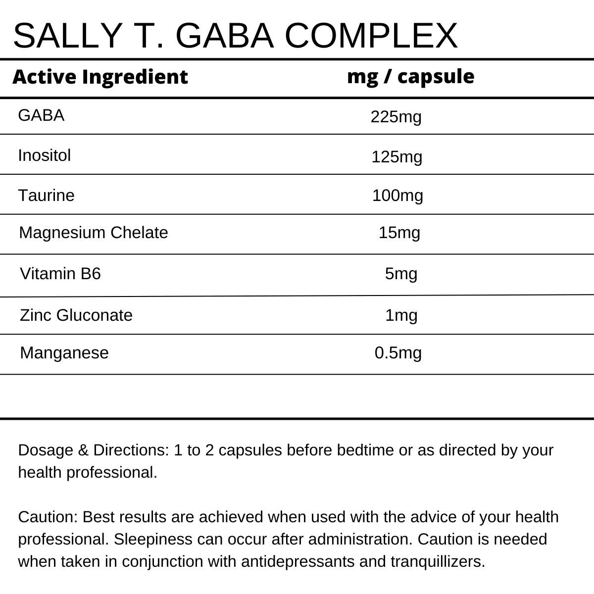 Sally T. GABA Complex 60 Capsules. Calming for sleep.