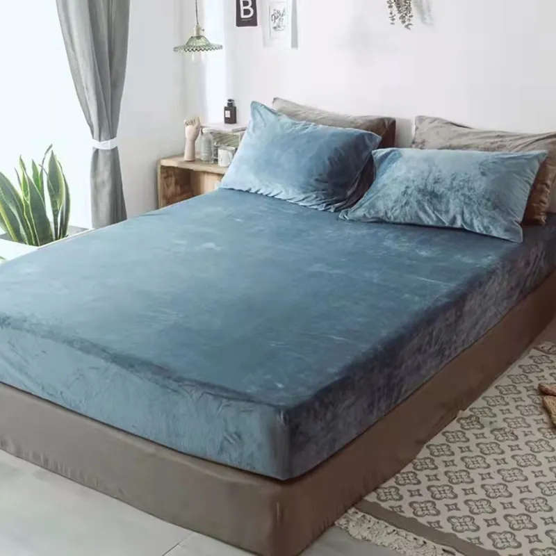 3 Pieces Colorful Velvet Fitted Sheet Queen Size with 2 Pillow Cases
