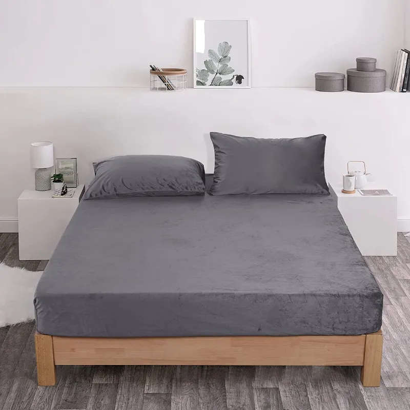 3 Pieces Colorful Velvet Fitted Sheet Queen Size with 2 Pillow Cases