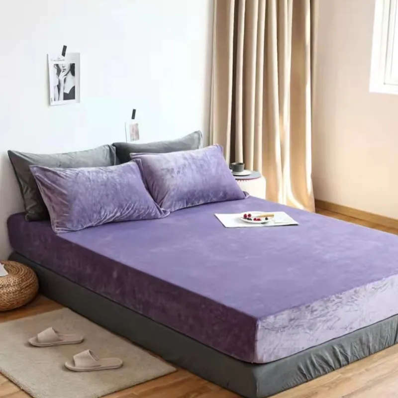 3 Pieces Colorful Velvet Fitted Sheet Queen Size with 2 Pillow Cases