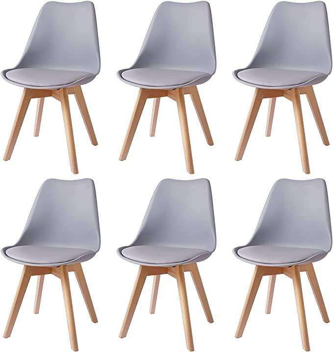 SMTE Dining Chairs with Cushion Seat, Wooden Legs - Set of 6 - Grey with keychain