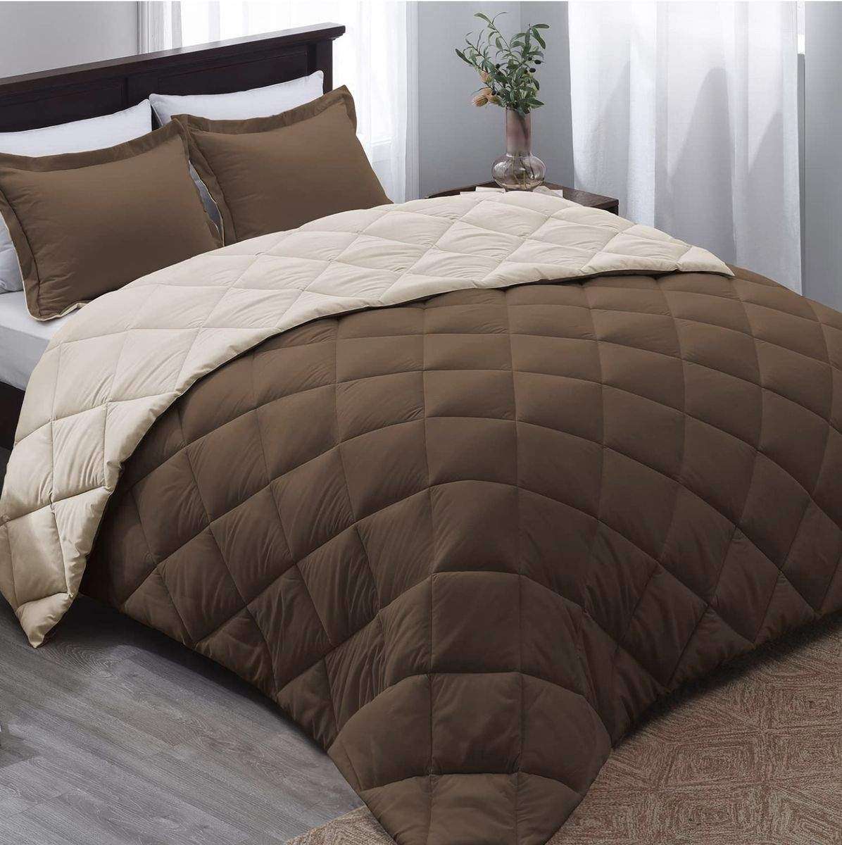 SMTE Acesa Quality Reversible 5 Piece Comforter set Brown/Ivory - Queen with keychain