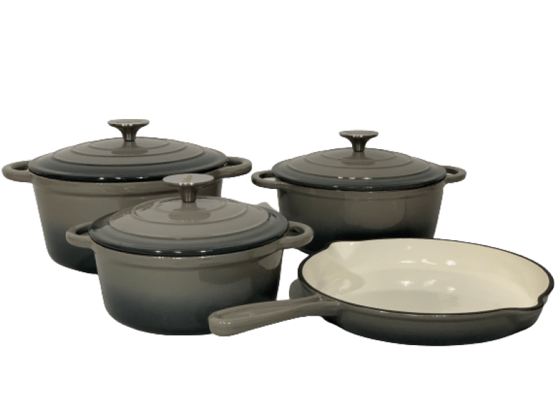 SMTE Authentic - 7 Piece New Design Dutch Pot Cookware Sets Cast Iron - Grey with keychain
