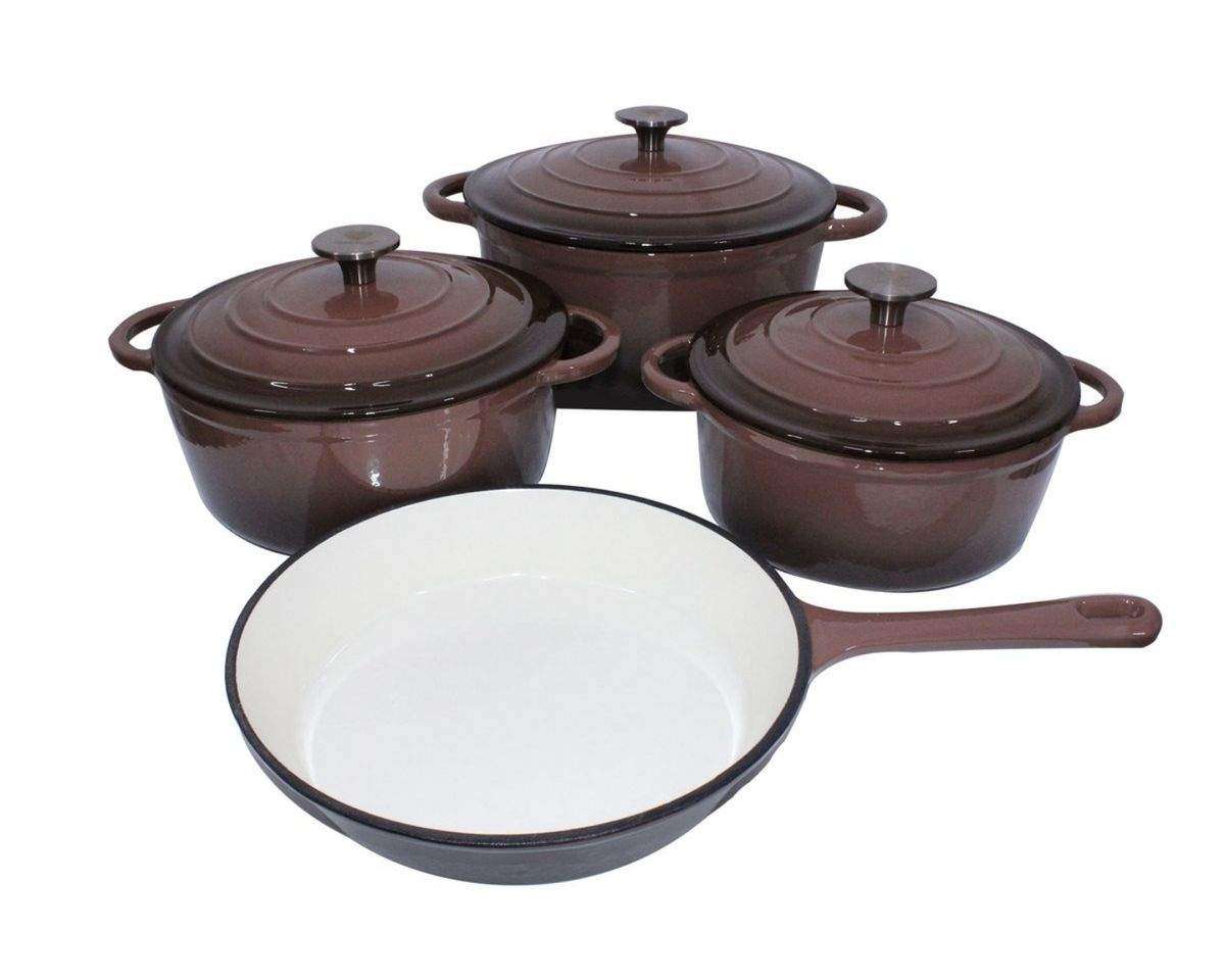 SMTE Authentic 7 Piece Cast Iron Dutch Oven Cookware Pot Set - Brown with keychain