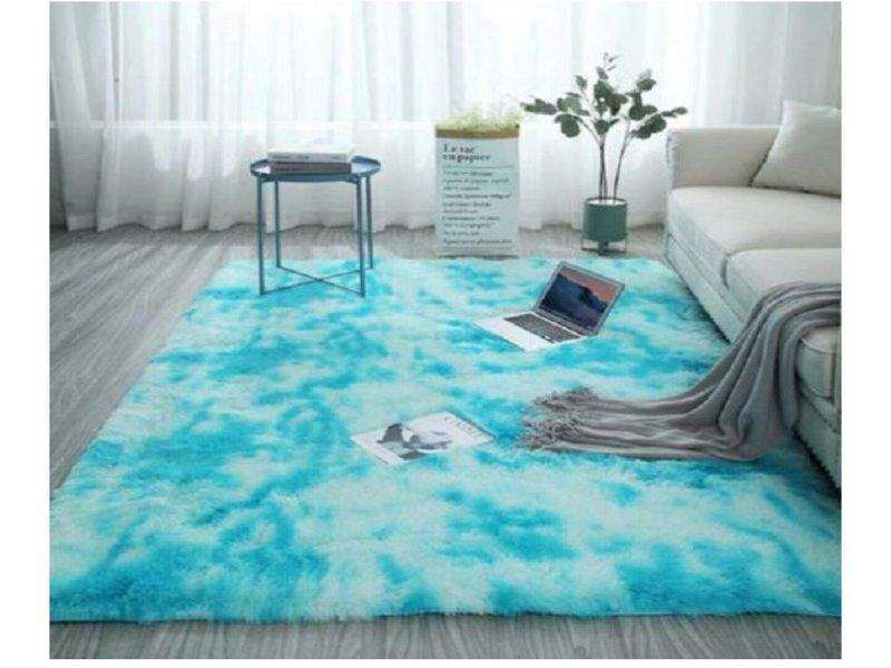 SMTE Light Blue and White Fluffy Rug(200x150) with keychain