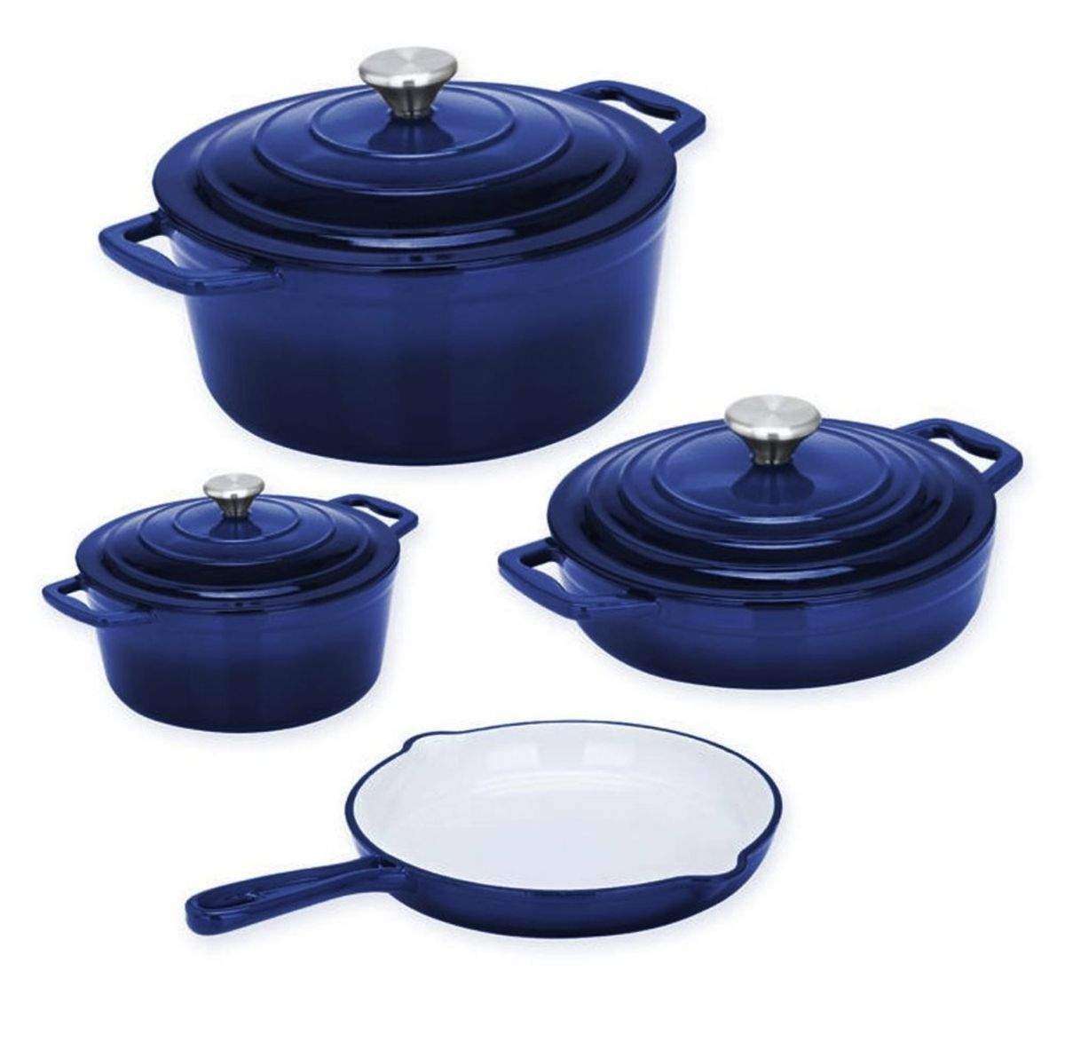 SMTE Authentic 7 Piece Cast Iron Dutch Oven Cookware Pot Set - Navy with keychain