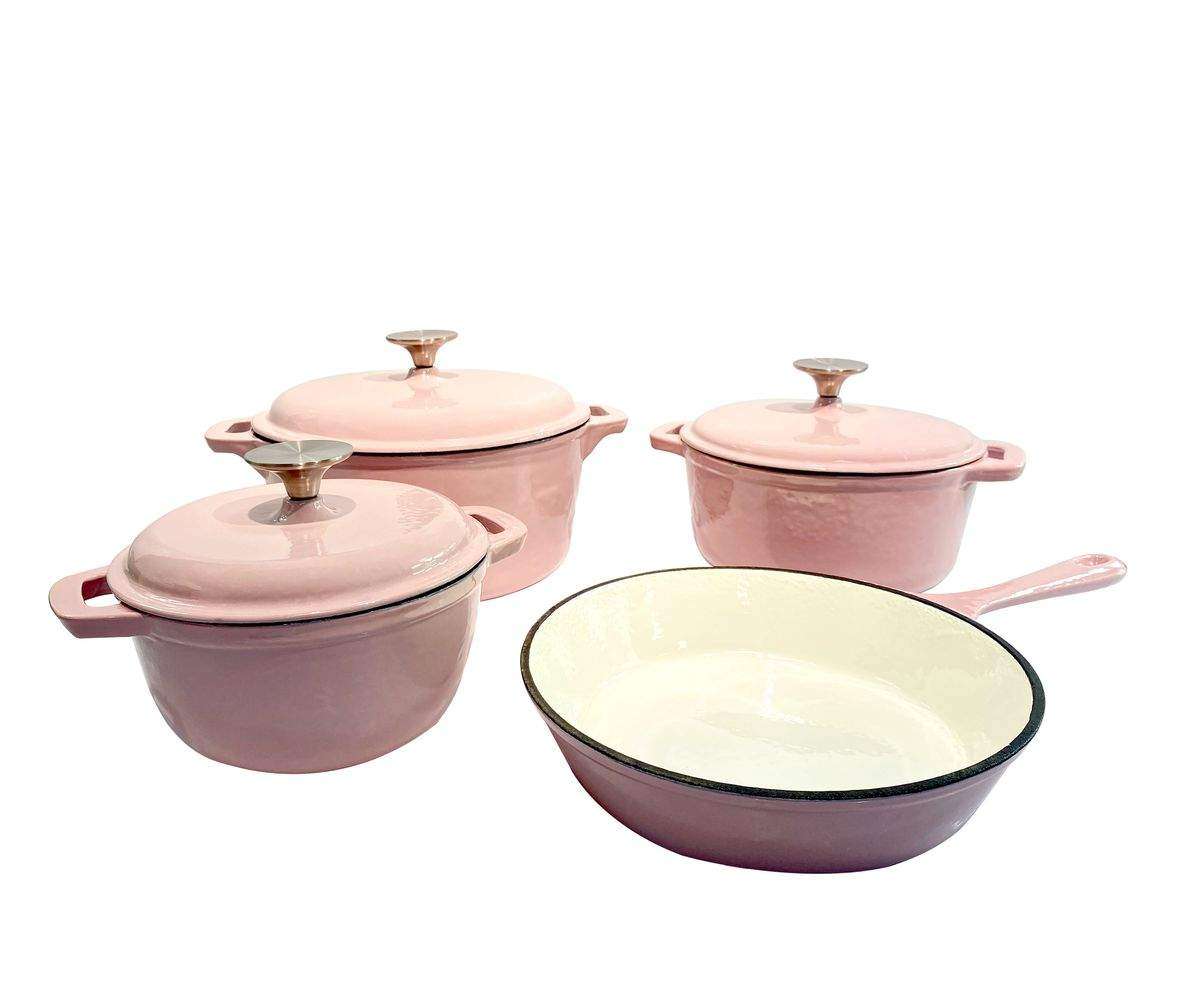 SMTE Light Pink 7 Pc Authentic Cast Iron Dutch Oven Cookware Pot Set with keychain