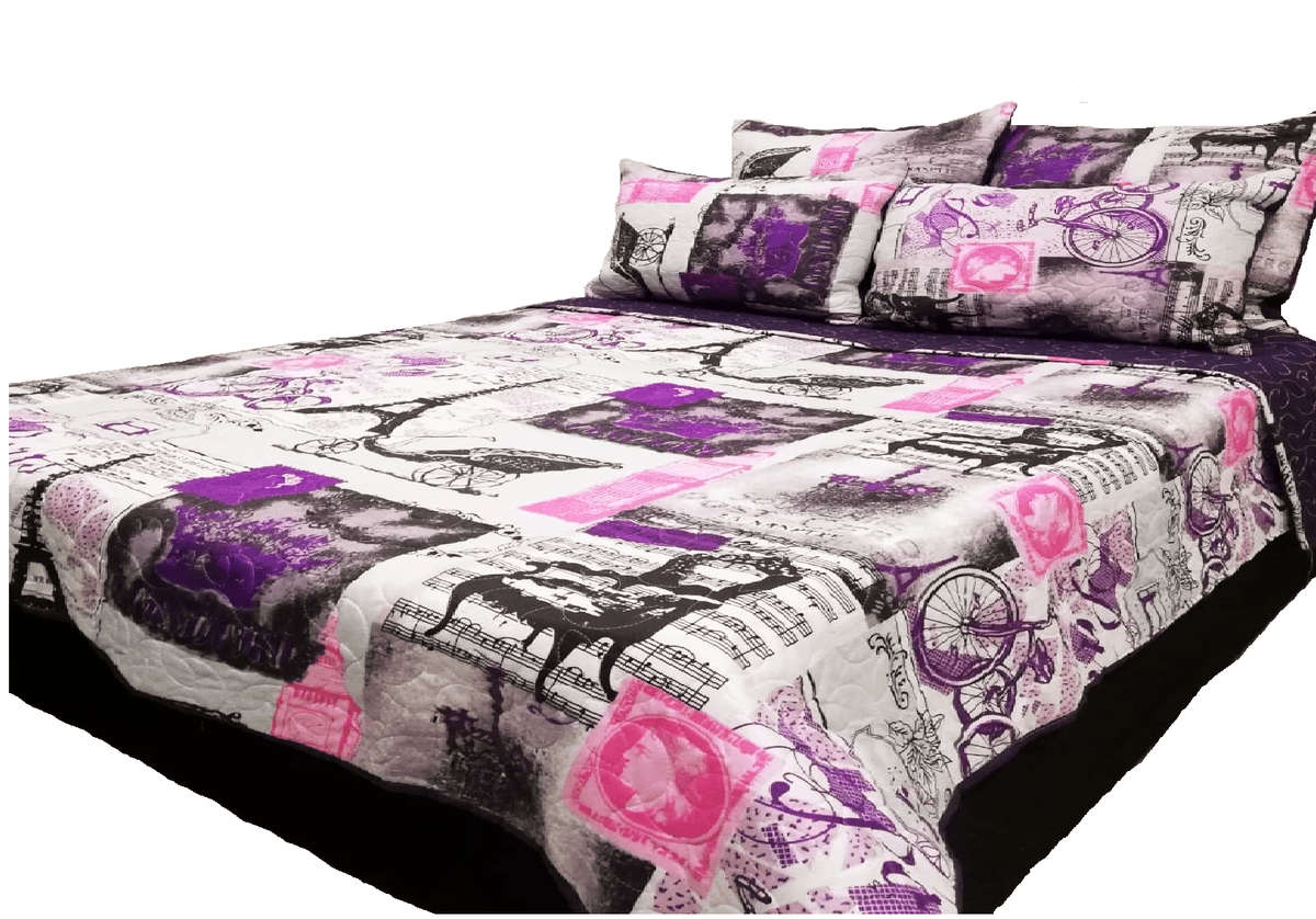 SMTE 5 Piece Quilt Set Pink Purple Eiffel Tower Bedspread Set with keychain