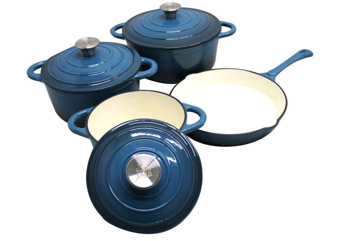 SMTE 7 Piece Cast Iron Cookware - Blue with keychain