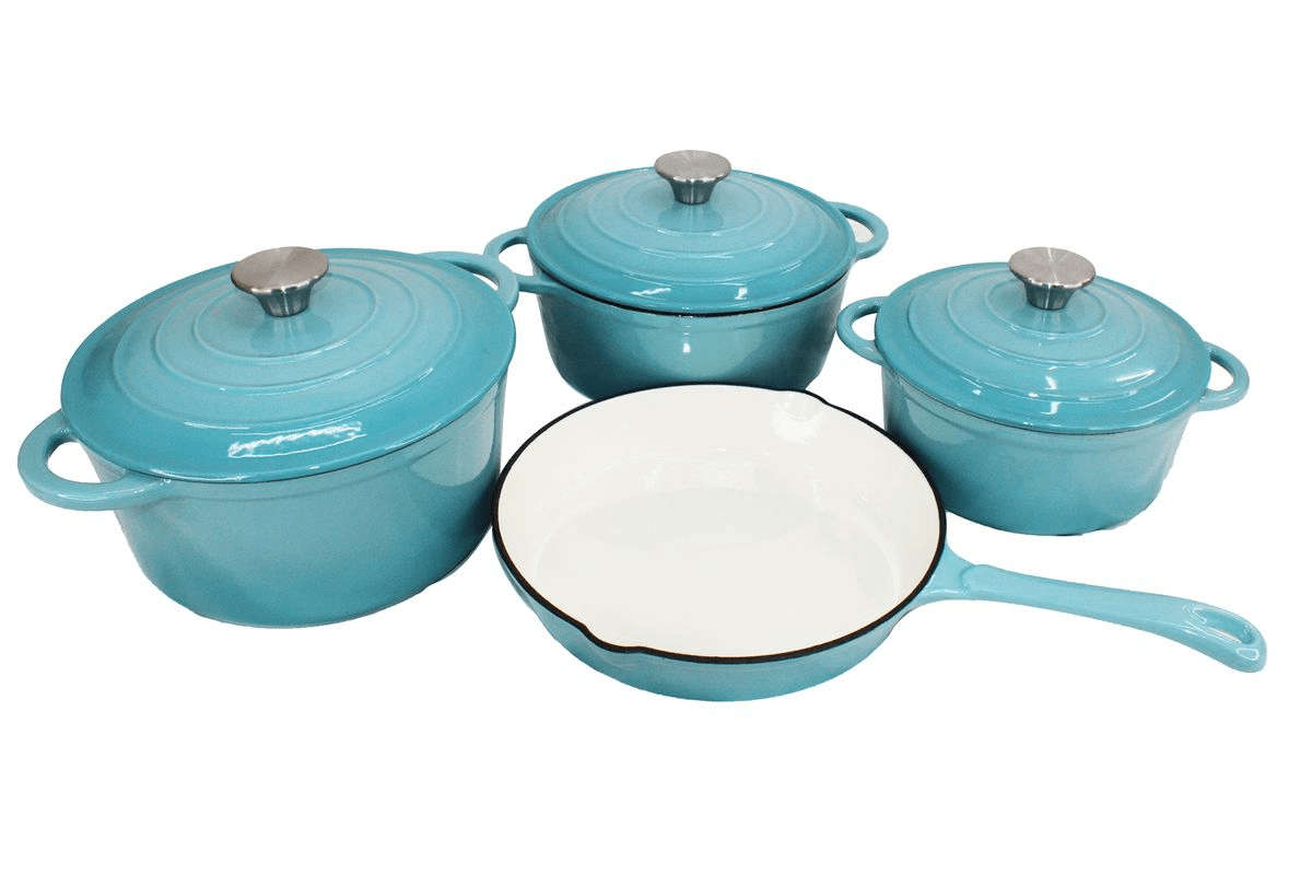 SMTE Durable Cast Iron Cookware Set 7 Piece - Blue with keychain