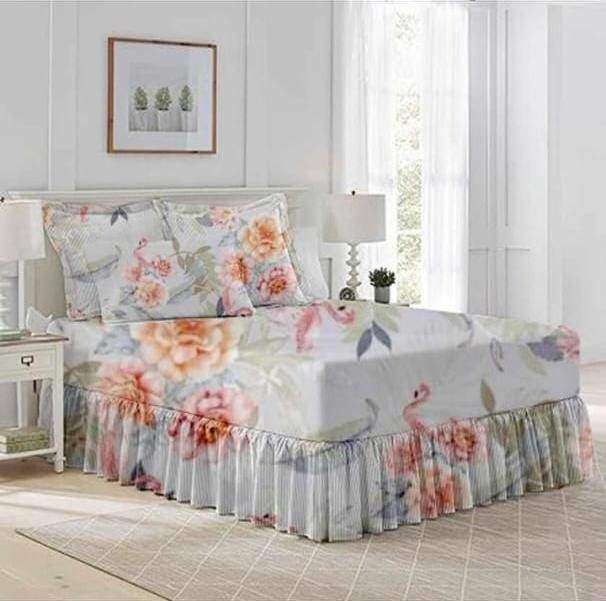 SMTE 5 Piece Bedspread Set-White With Flower - Double with keychain
