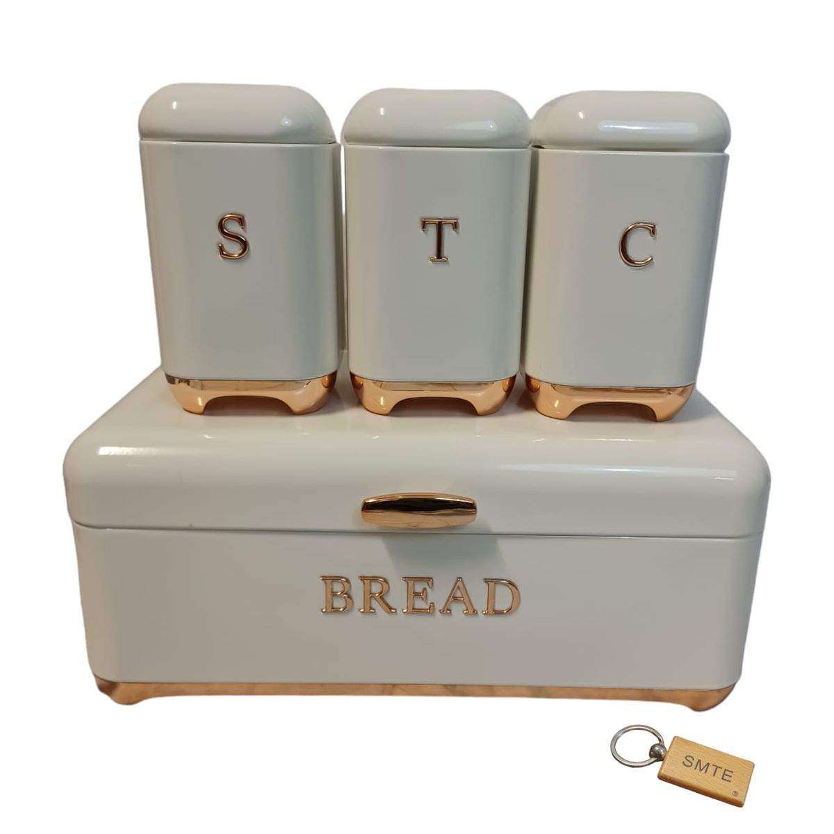 SMTE Bread Bin and Canister Set -White&Gold & Keyring with keychain