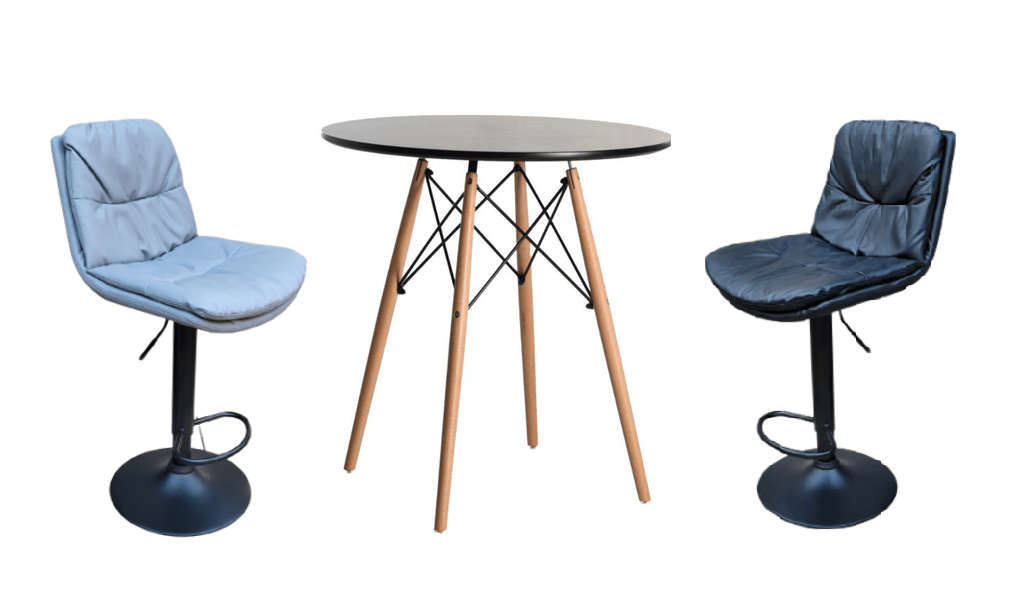 SMTE Soft Padded Perla Black Based Bar Stool and Black Wooden Table Set - Grey with keychain