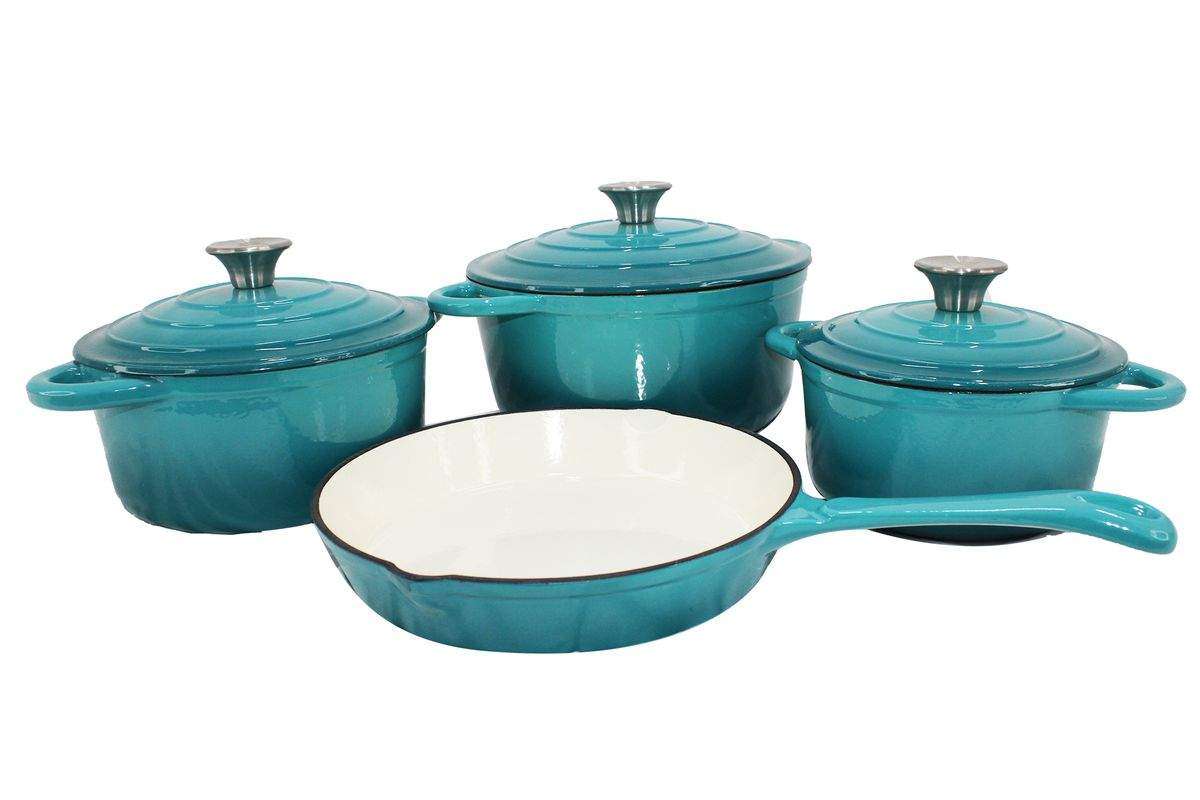 SMTE Turquoise Authentic 7 Pieces Cast Iron Cookware Set with keychain