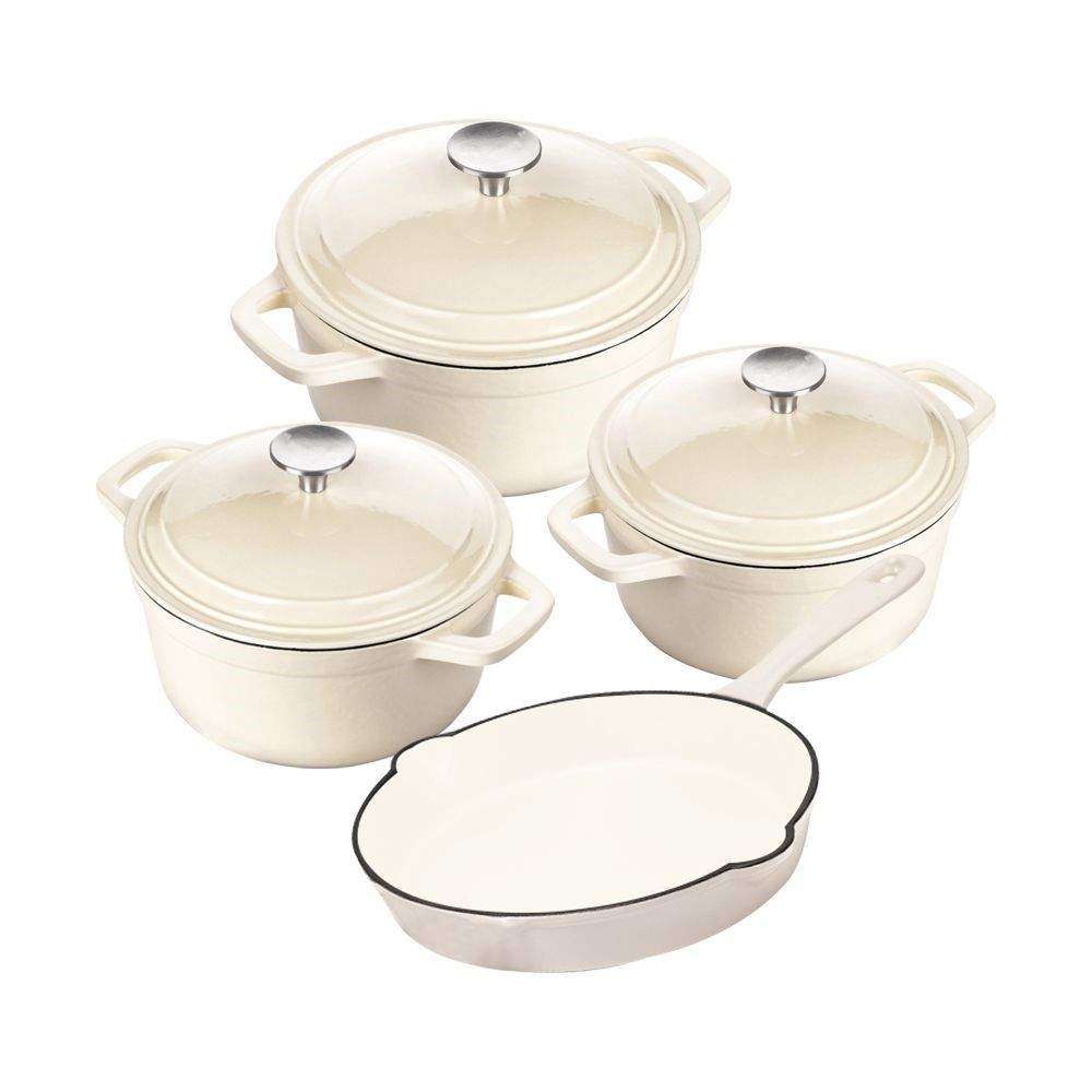 SMTE Dutch Pot Cookware Set Cast Iron - 7 Piece - White with keychain