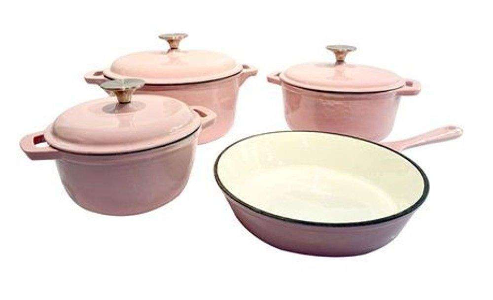 SMTE Dutch Pot Cookware Set Cast Iron - 7 Piece - Pink with keychain