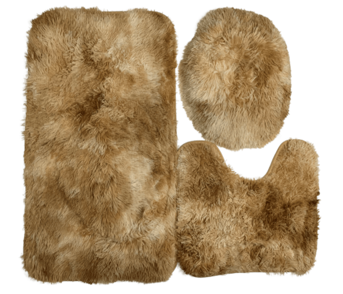 SMTE 3pc Bathroom Rugs Shaggy Set - Brown with keychain