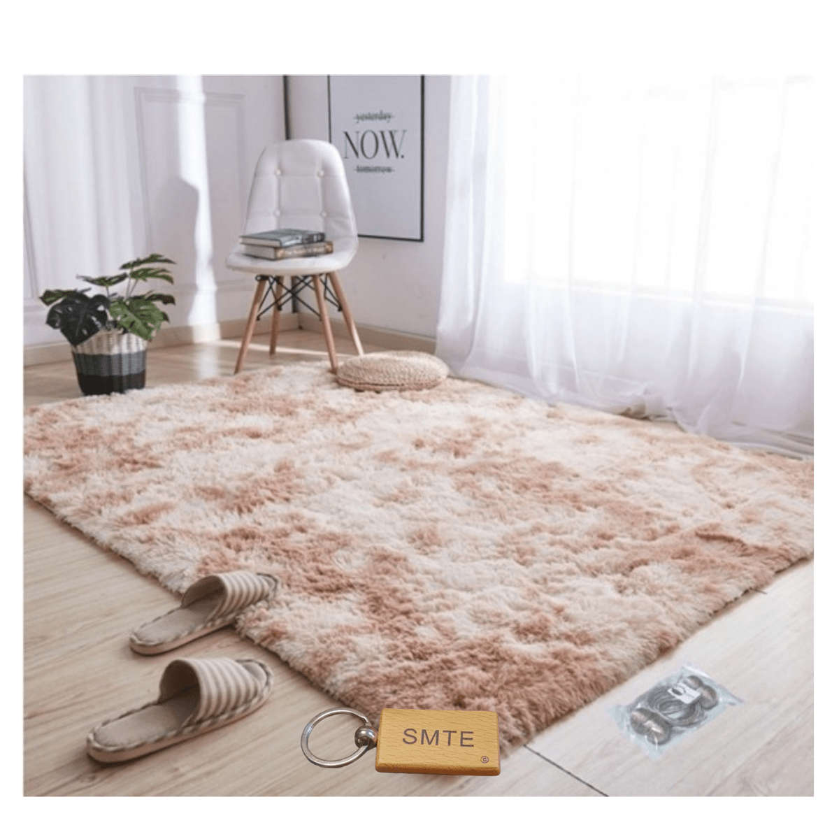 SMTE New Premium Fluffy Carpet/Rug & Complementary Tieback and Keyring - Light Brown with keychain