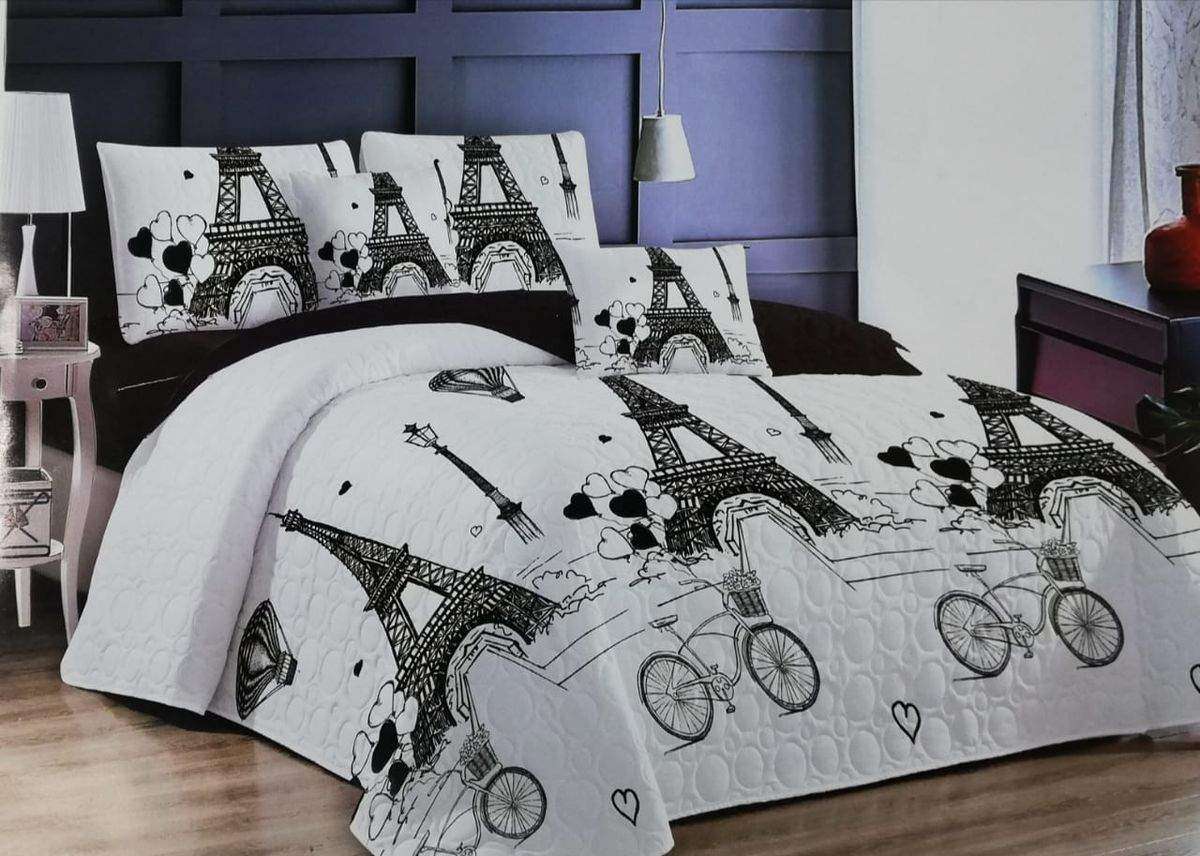 SMTE 5 Piece Quilt Set Eiffel Tower Bedspread Set - Queen with keychain