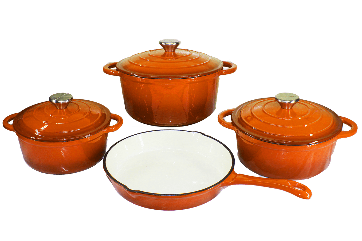 SMTE 7pcs Orange Authentic Cast Iron Cookware Set with keychain