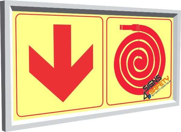 Fire Hose and Arrow Down Photoluminescent Sign - 150mm * 300mm Single Sided Frame Included