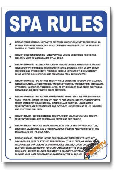 Spa Rules Safety Sign - 200mm * 300mm 0.6mm Chromadek Steel