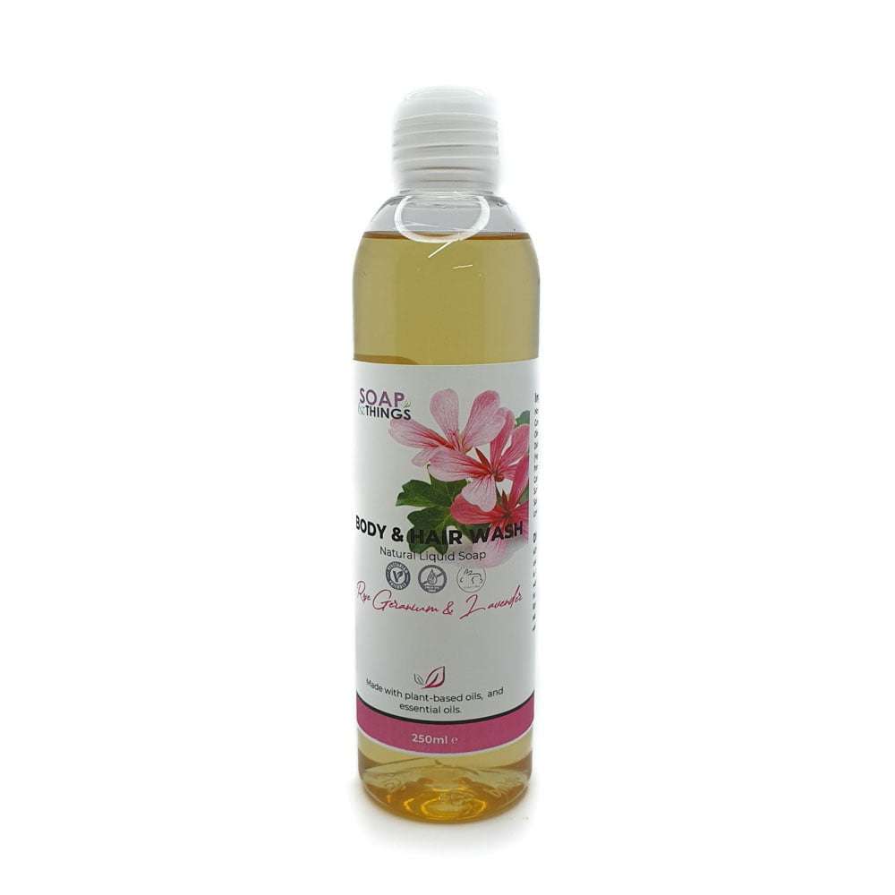 Body & Hair Wash, Rose Geranium & Lavender Essential Oils Natural Liquid Soap