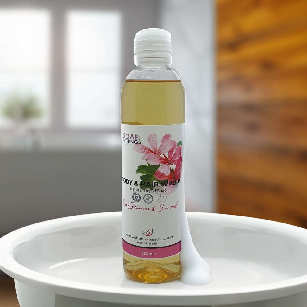 Body & Hair Wash, Rose Geranium & Lavender Essential Oils Natural Liquid Soap