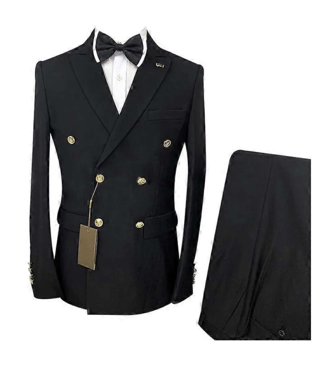 Mens 2 Piece Double Breasted Formal Suit - Black with gold buttons - 40 x 56 (New)