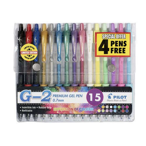 Pilot G2 0.7mm Gel Ink Rollerball Art Wallet of 15 (11+4)