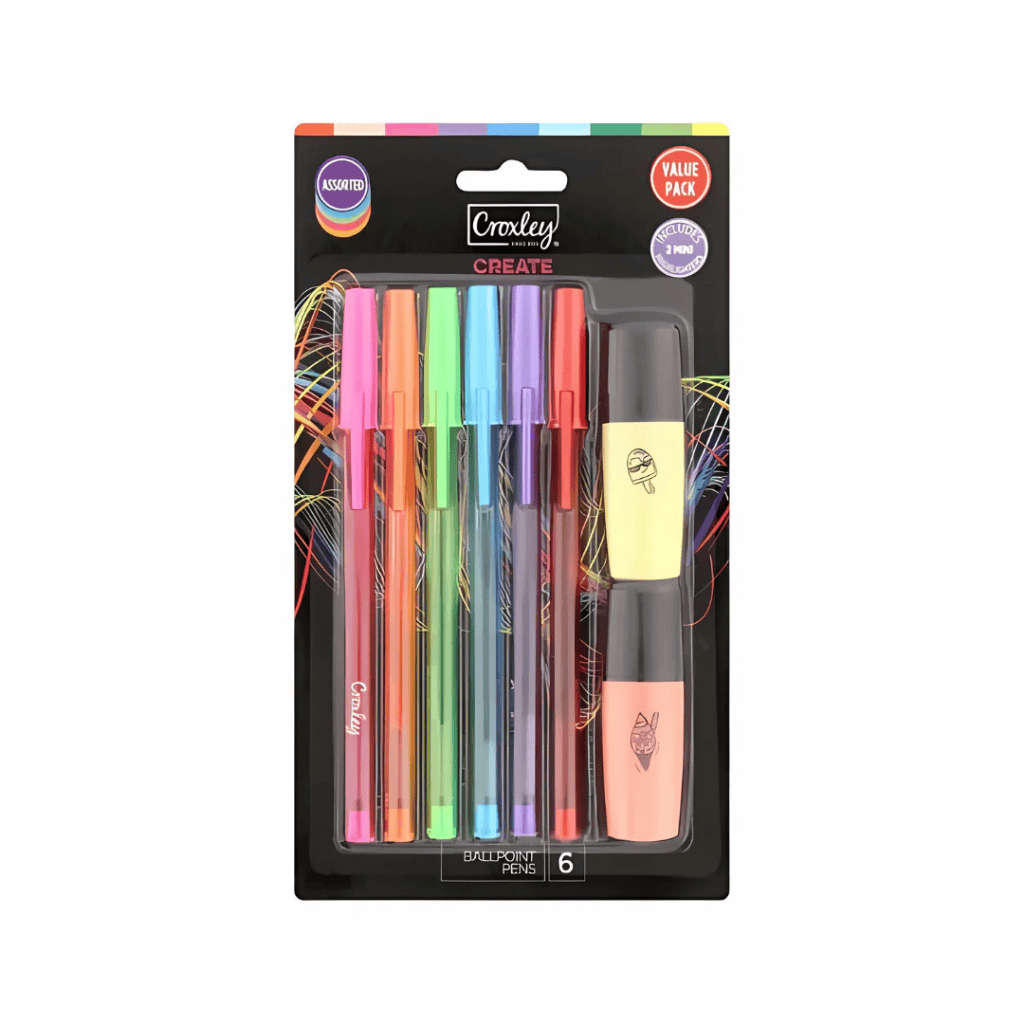 Croxley Create Ballpoint 6 Colour Pens + 2 Highlighter Set