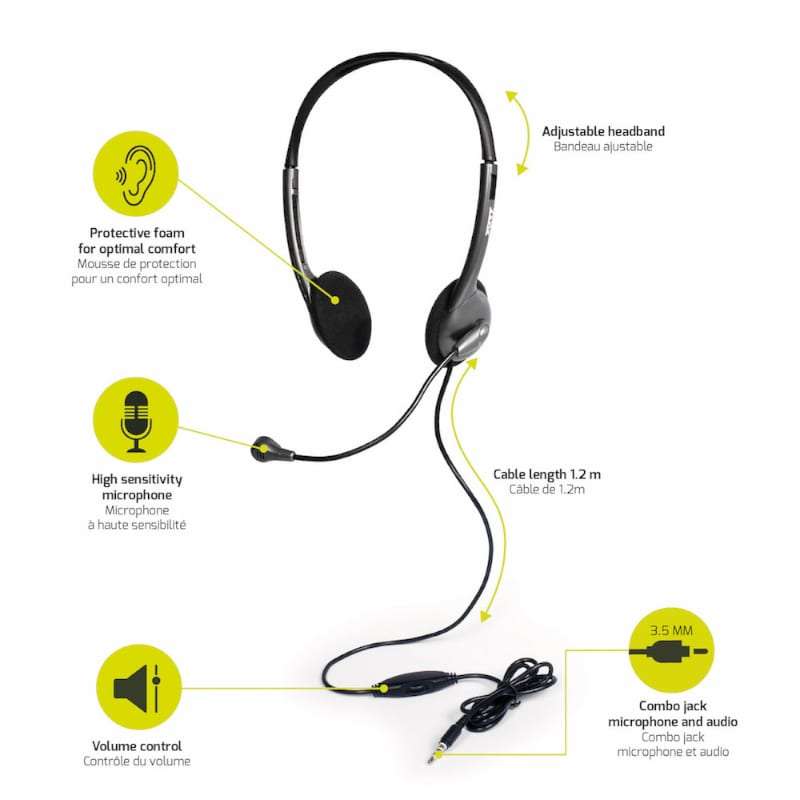 Port Stereo Headset with Mic with 1.2m Cable|1 x 3.5mm|Volume Controller - Black