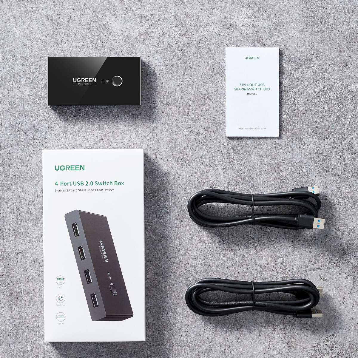 UGREEN USB 2.0 4-Port Switch Box, with 1.5m USB Cables