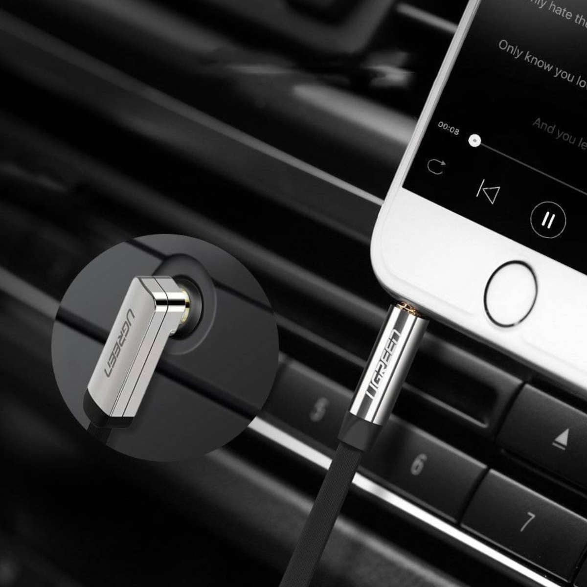 UGREEN AV119 Right-angled 3.5mm Flat Aux Cable 1.5m - Black/Silver
