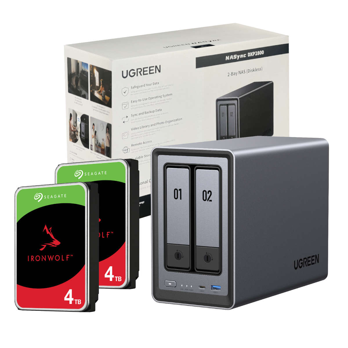 UGreen NASync DXP2800 2 Bay NAS with Seagate Ironwolf NAS 8TB SATA Hard Drive Bundle (2x 4TB)