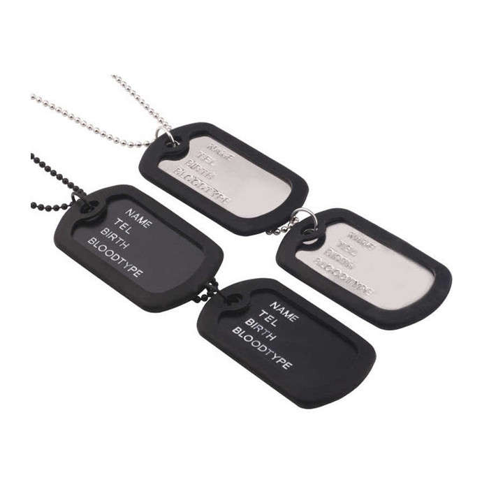 Complete Basic Military Dog Tag Set - 2 x Tags, Chain, Silencers - Various Silver
