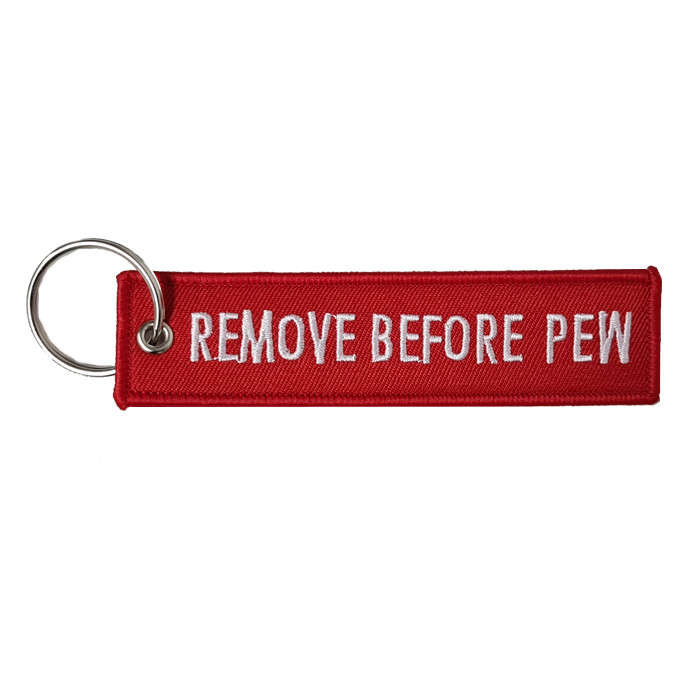 TacSpec "Remove Before Pew" Embroidered Keyring - White/Red