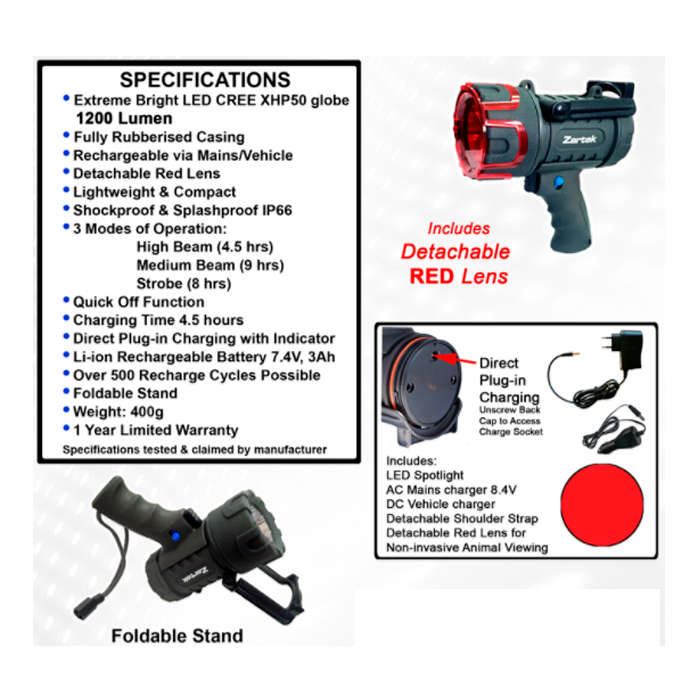 Zartek ZA-478 1200 Lumen EX Mega Bright Rechargeable Spotlight with AC/DC Charger