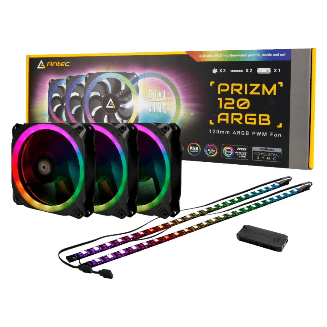 Antec PRIZM 120mm ARGB Case Fan 3 Pack with Controller & 2 LED Strips