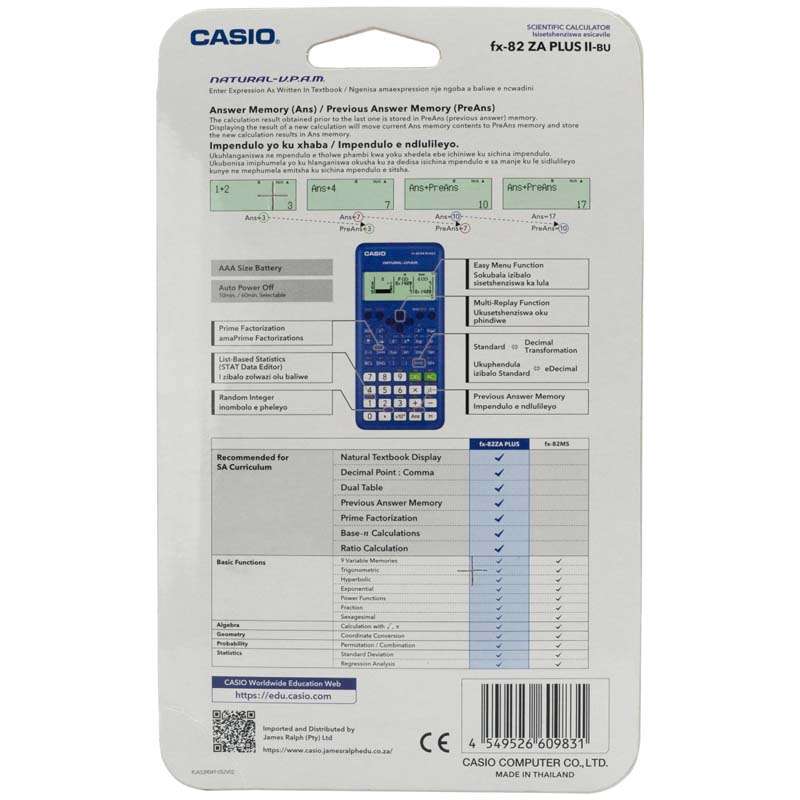 Casio FX-82ZA Plus II Scientific Calculator - Blue