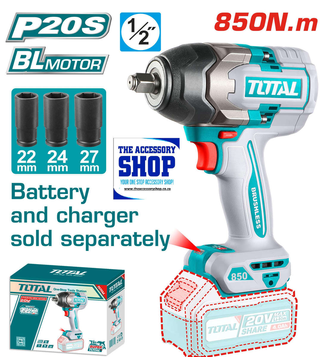 Impact Wrench 850nm Cordless Total Tools with or without battery TIWLI20851