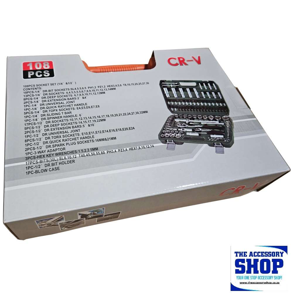 Socket and Driver set 1/2 inch and 1/4 inch 108 piece in Plastic Tool Box