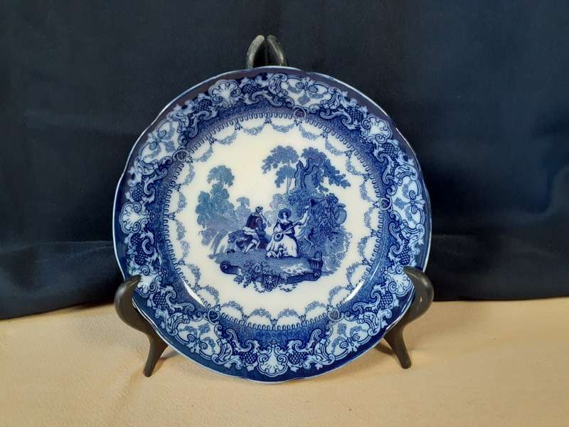 Doulton Watteau plate - soup bowl - flow blue and white  19cms dia