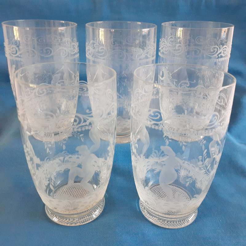 4 Etched victorian Tumblers - dancing Nude Lady Nymphs